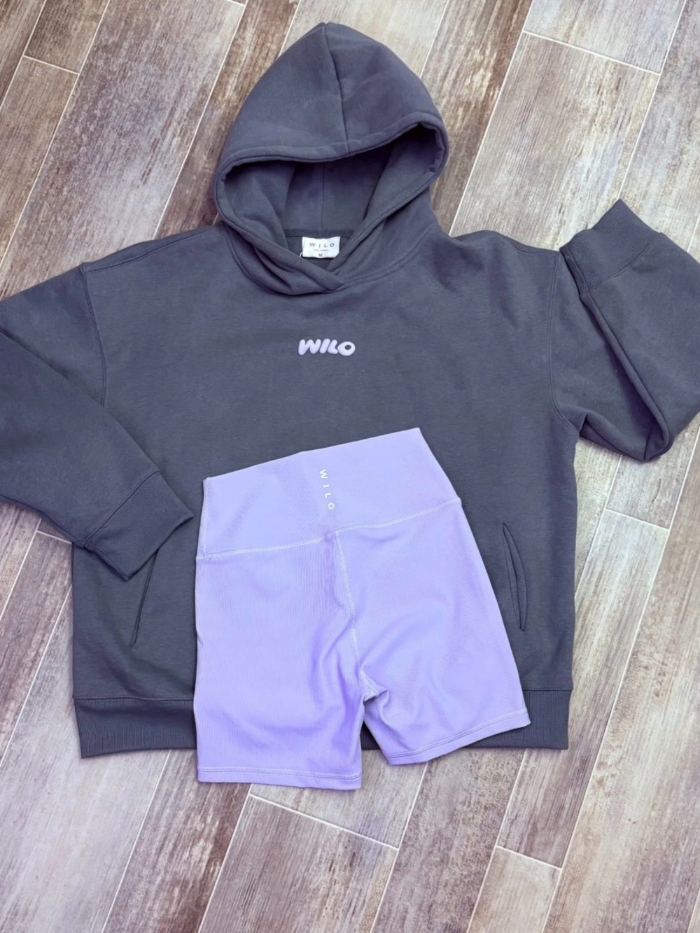 WILO The Label Gray Hoodie + Lilac Ribbed Biker Shorts Set π - Picture 2 of 4